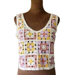 Rebellion Tank Top Crochet Granny Squares Patchwork Cropped Festival Size‎ S